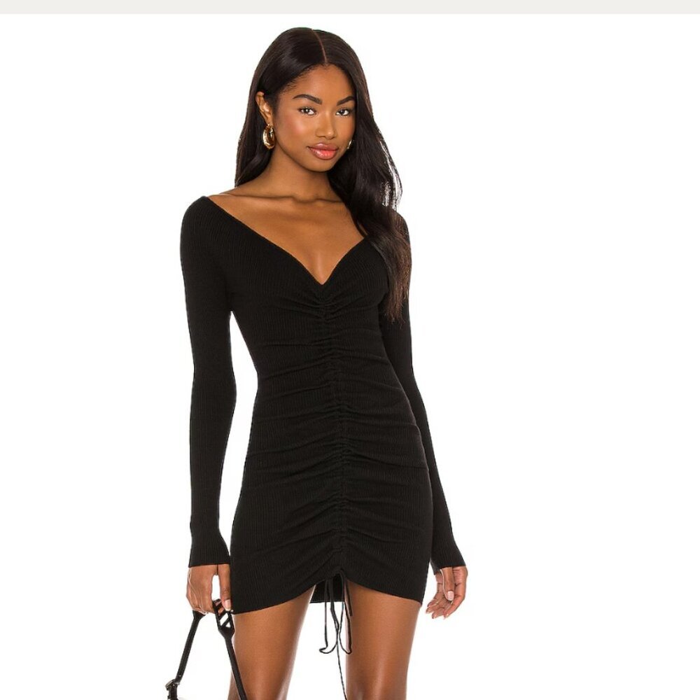 Camila‎ Coelho Ciara Black Ribbed Ruched Drawstring Mini Sweater Dress